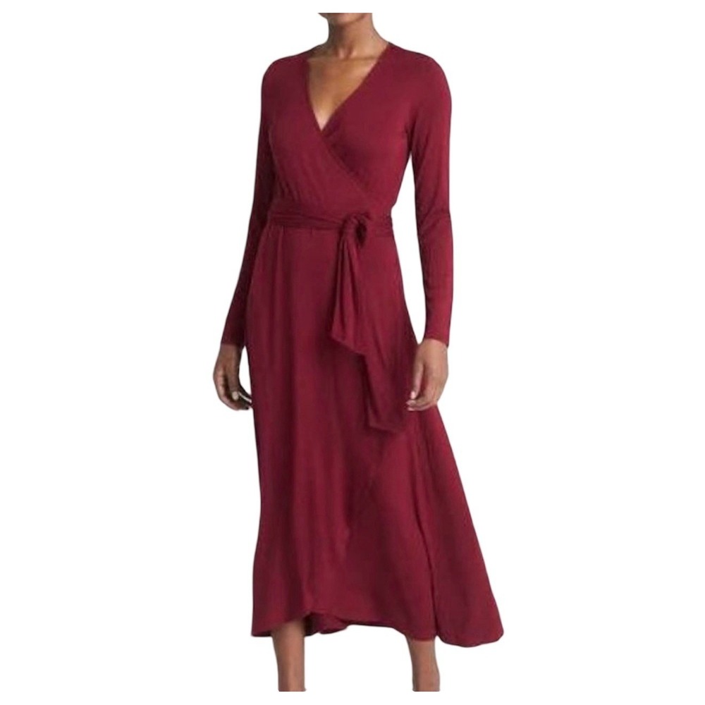 Gap XS Petite Burgundy Wrap Maxi Dress Long Sleeve V-Neck Tie Waist NWT